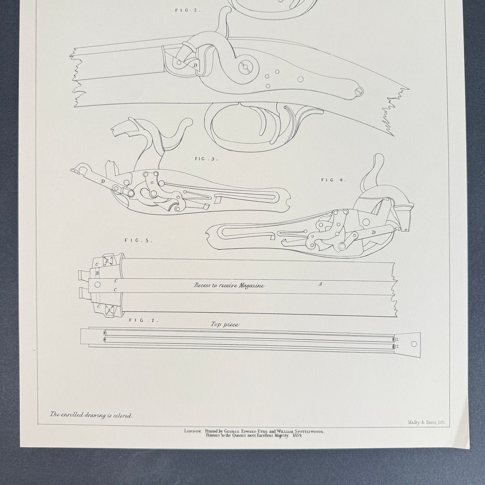 1854 British Patent Org. Lithograph Print Egg's Specification Firearm Lock Gun - Picture 4 of 14